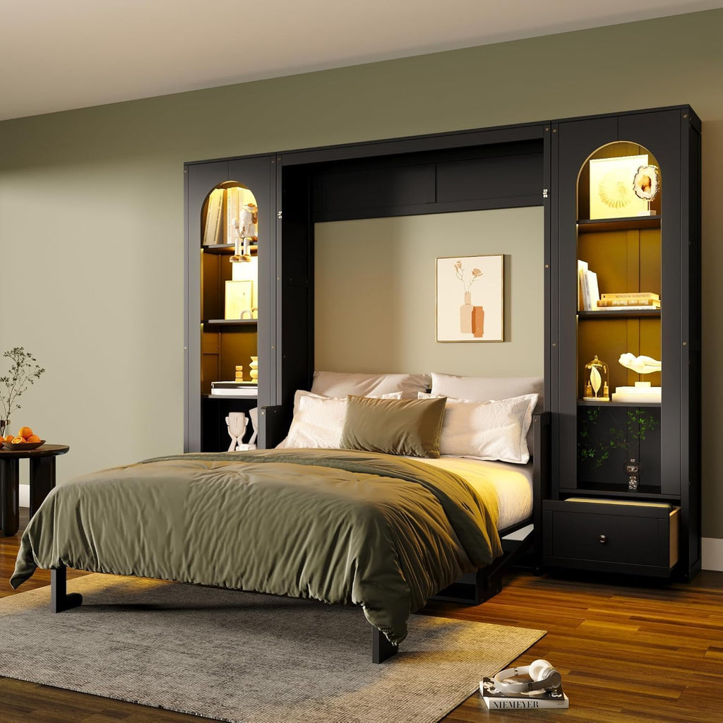 Queen Murphy Bed with Desk and Storage Bookcase & LED Light, Solid Wood Murphy Wall Bed with Storage Shelves and