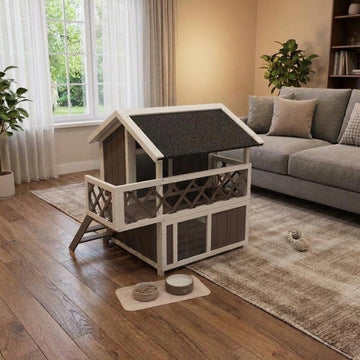 Weatherproof 2-Story Outdoor Cat House with Balcony - Multi-Level Wooden Condo - Escape Door - Removable Asphalt Roof