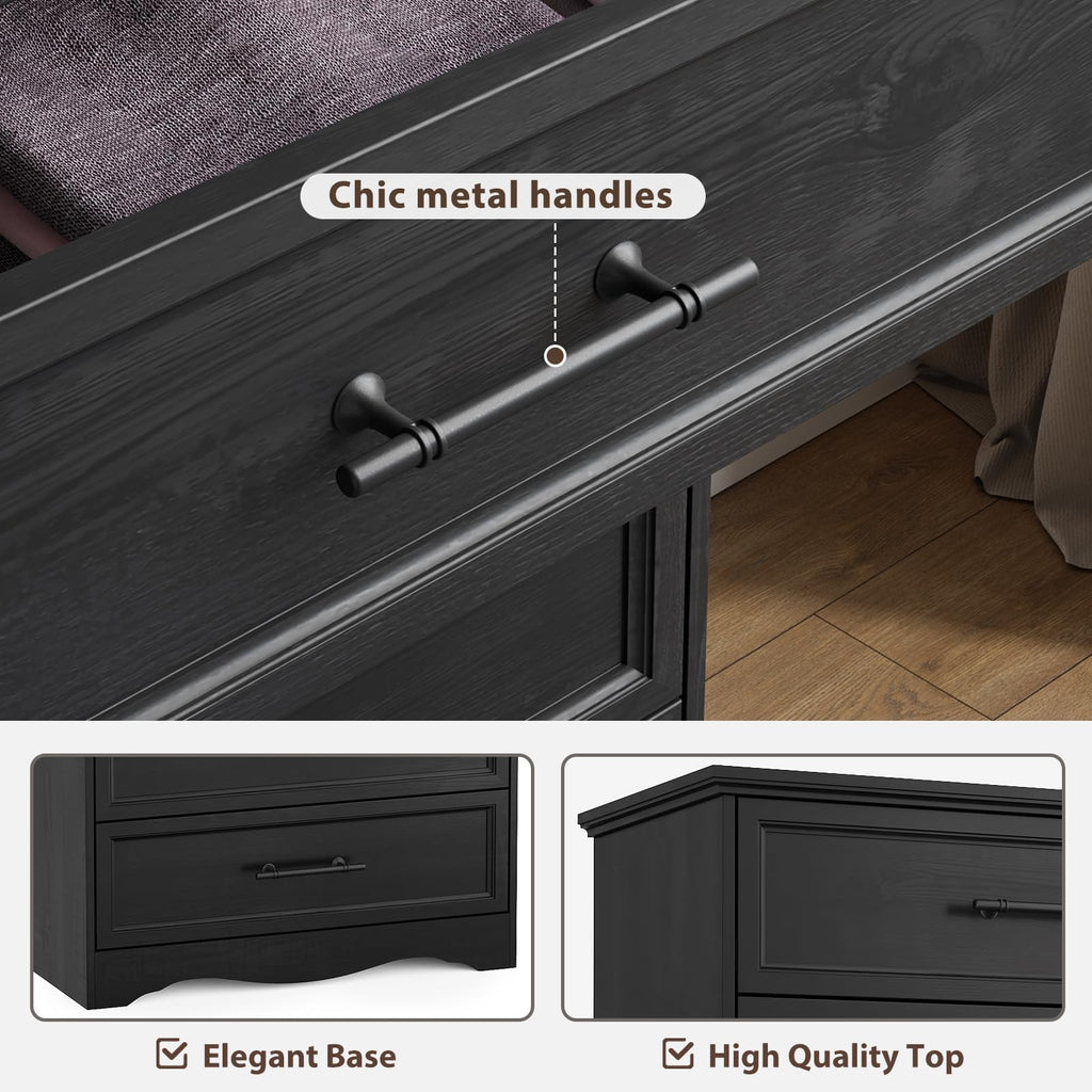 Black 6 Drawer Dresser, 44" Tall Chest of Drawers