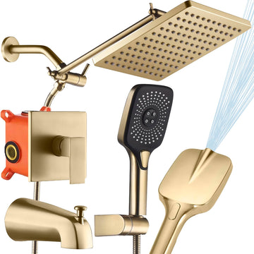 Shower Faucet Set with Tub Spout Brushed Gold 10 Inch Rainfall Shower 4 Setting Spray Mixer Shower System Modern
