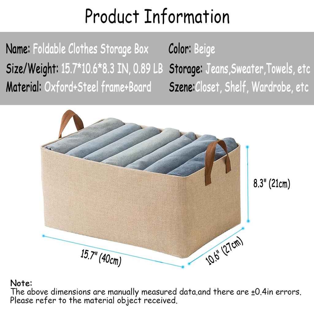 Linen Closet Organizer Storage Bin with Steel Frame, Stackable Fabric Jeans Baskets for Shelves, 4 Packs Foldable