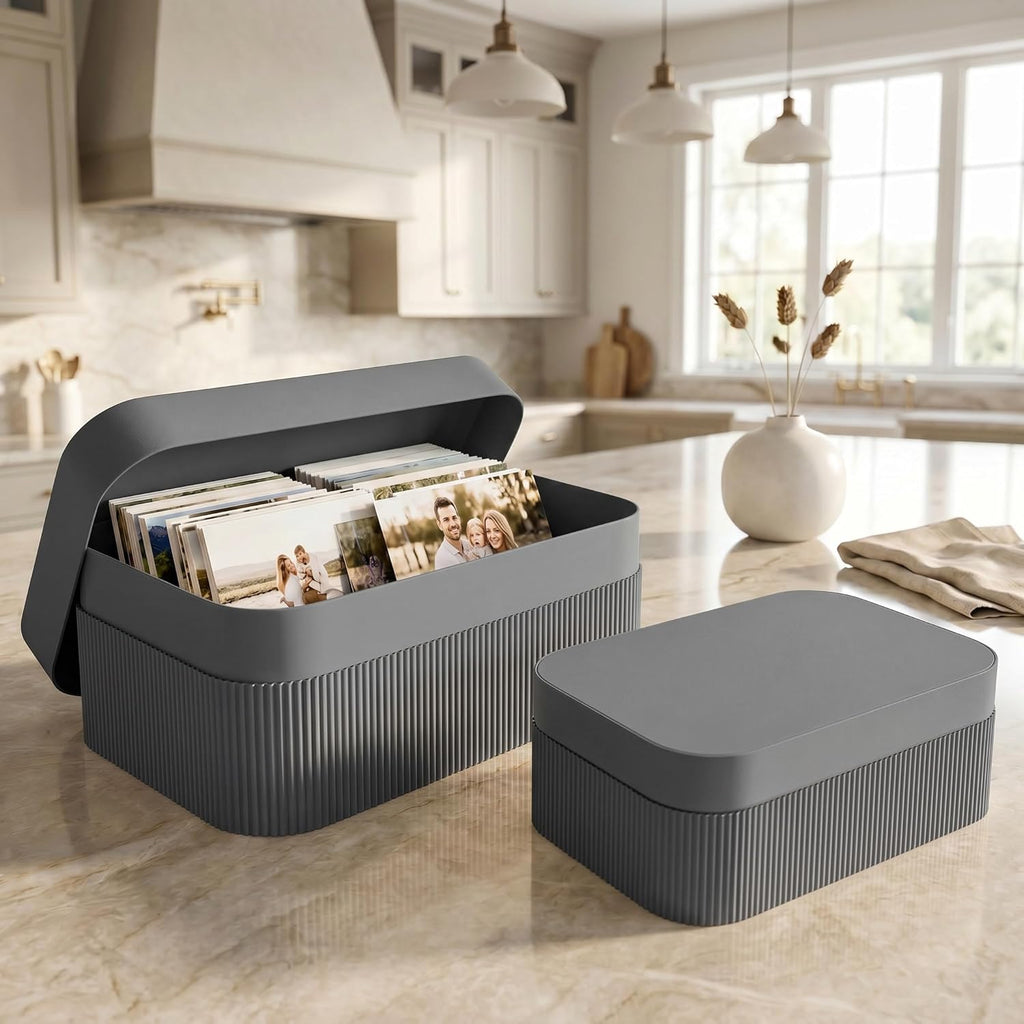 Decorative Storage Boxes with Lids Fluted Photo Organizer Bins - Set of 2