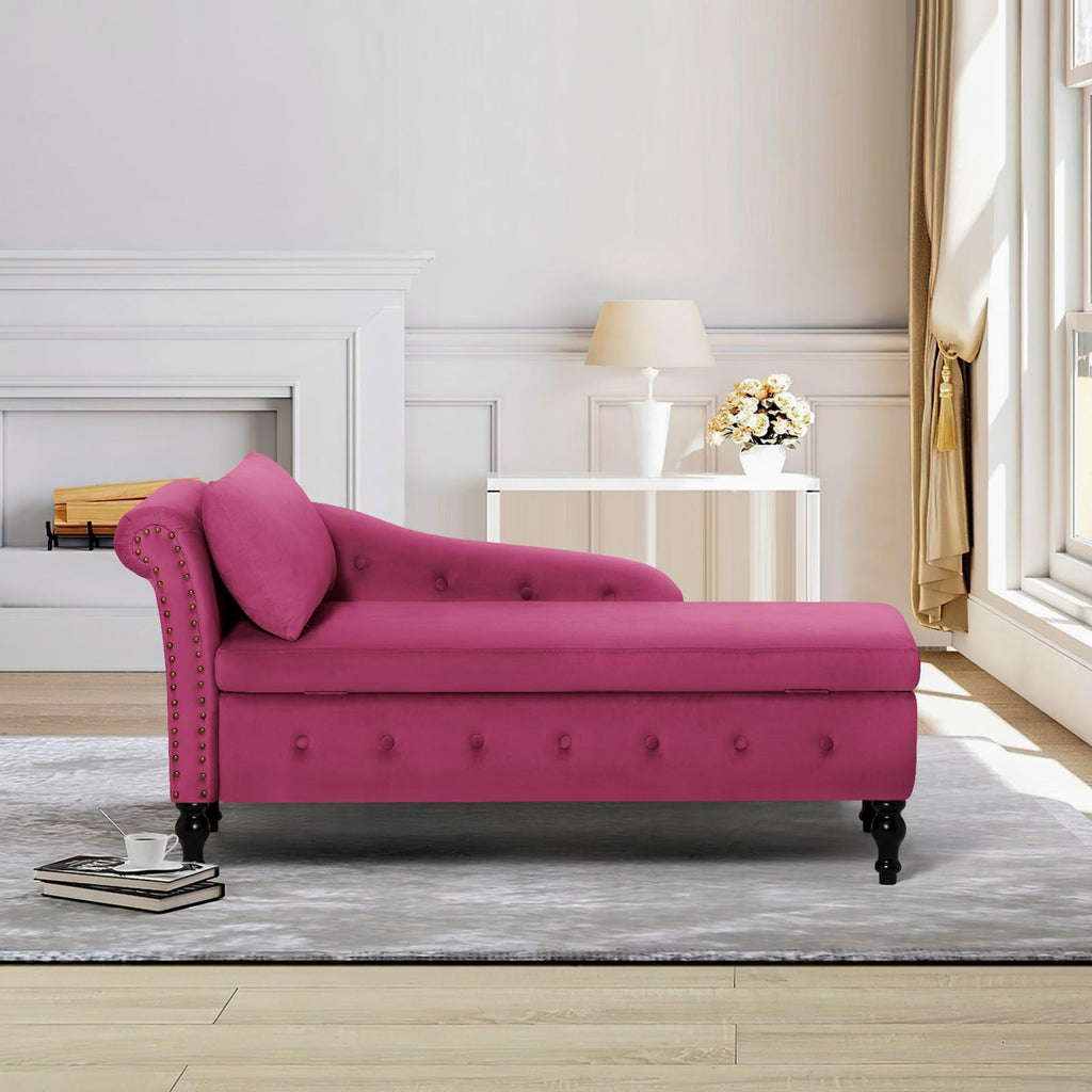 Velvet Chaise Lounge w/Left Armrest & Storage Space, Fuchsia