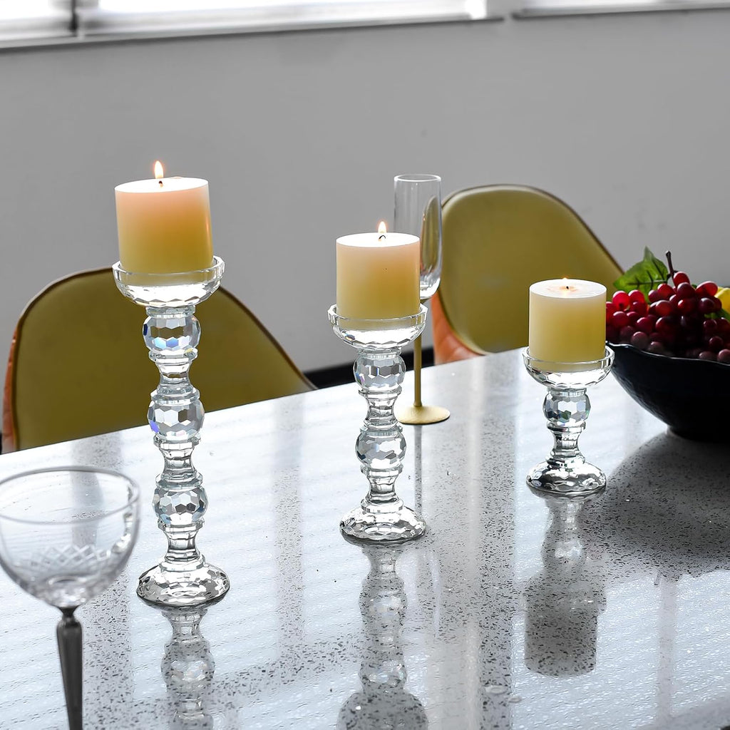 3-Piece Set of Crystal Candlestick,Clear Crystal Pillar Candles Holders,Family Living Room Wedding
