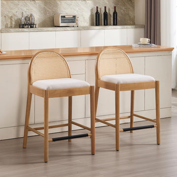 Rattan Bar Stools Set of 2, 26 Inch Wood Counter Stools with Bakcrest, Linen Kitchen Stool for Island, Beige