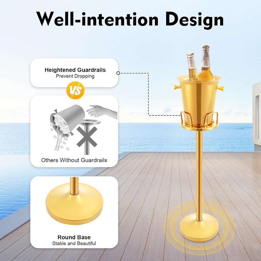 Champagne Bucket with Stand, Gold Ice Bucket Floor Standing Bar Stand Wine Cooler Gold w/stand Stainless Steel Ice