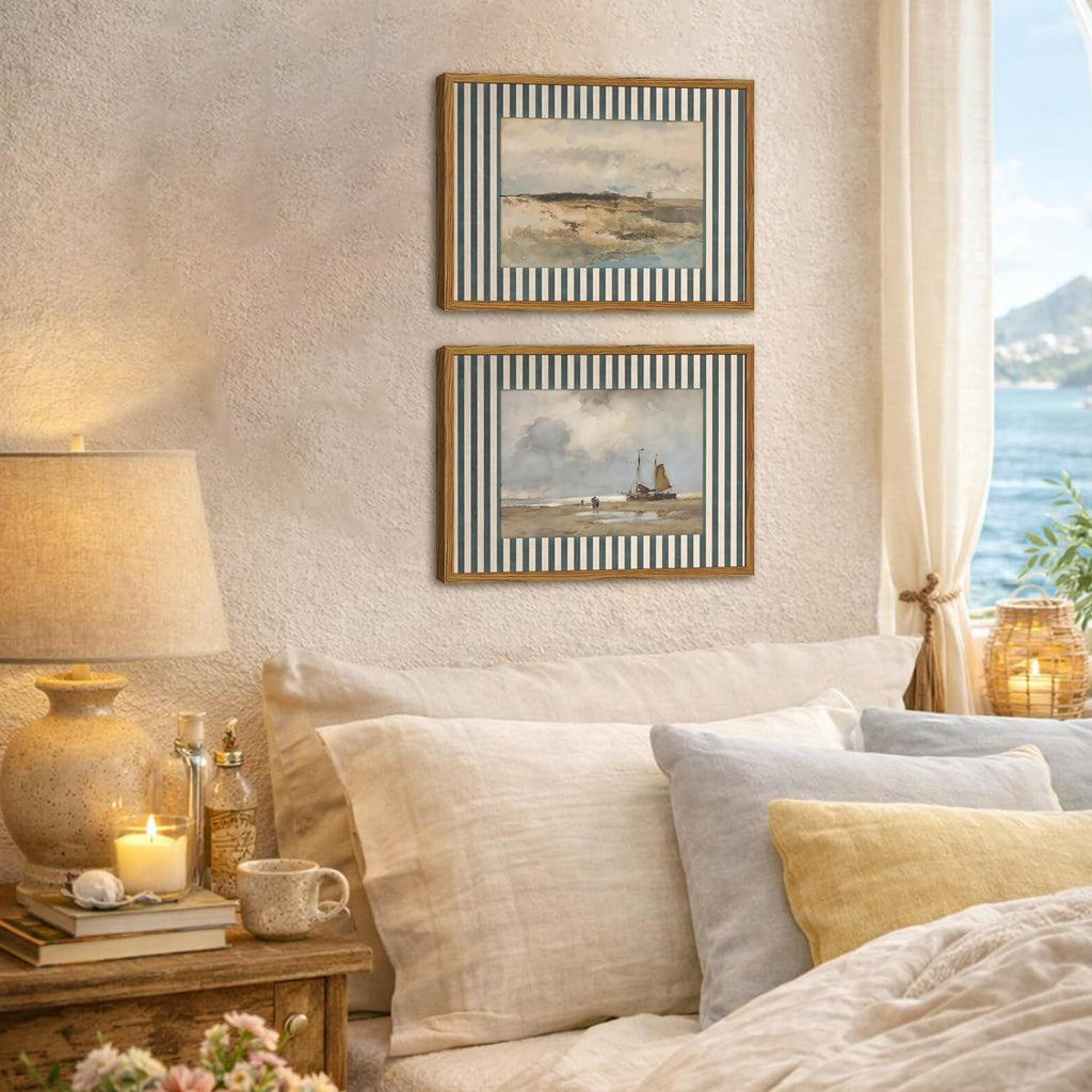 Framed Vintage Coastal Landscape Wall Art Set of 2, Retro Blue and White Striped Beach Sailboat Pictures Wall Decor