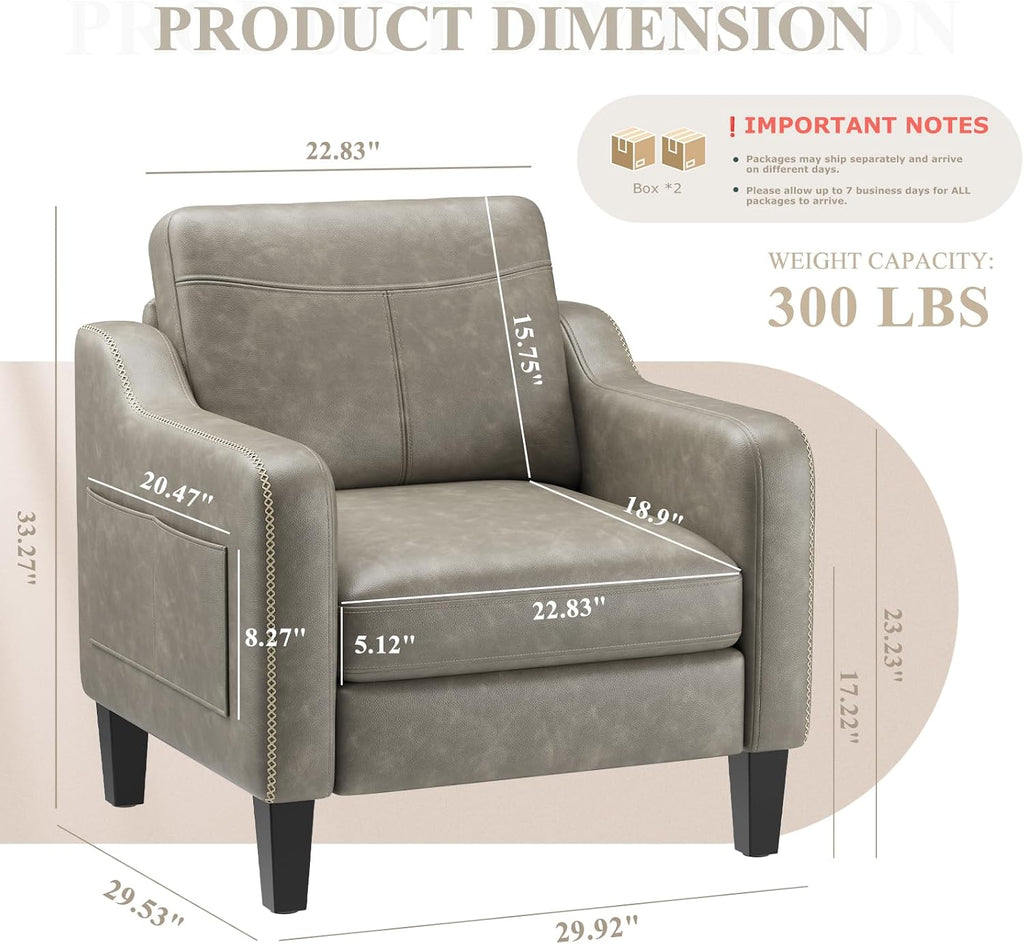 PU Leather Accent Chair, Mid-Century Modern Living Room Armchair Sofa with Removable Cushions, Solid Wood - Set of 2