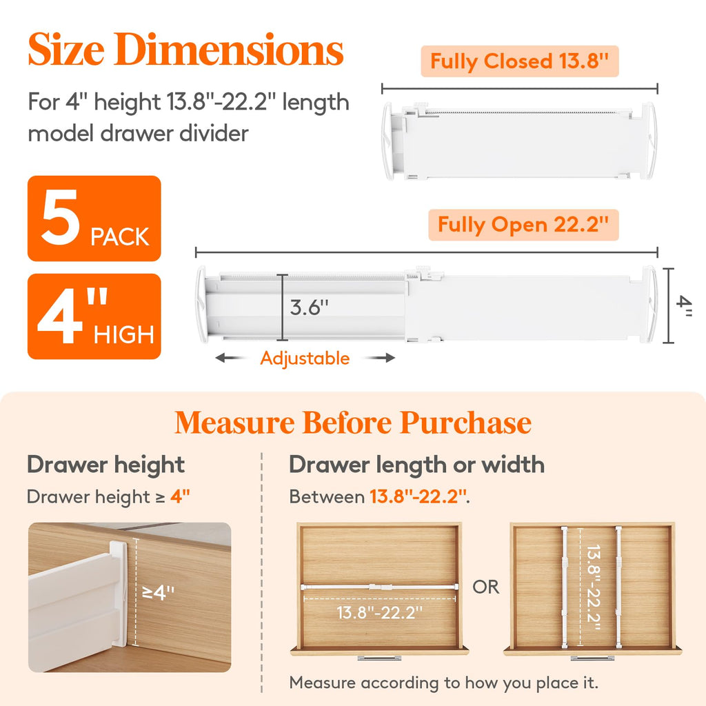 5 Pack 4" High Drawer Dividers, Adjustable Drawer Organizer Clothes