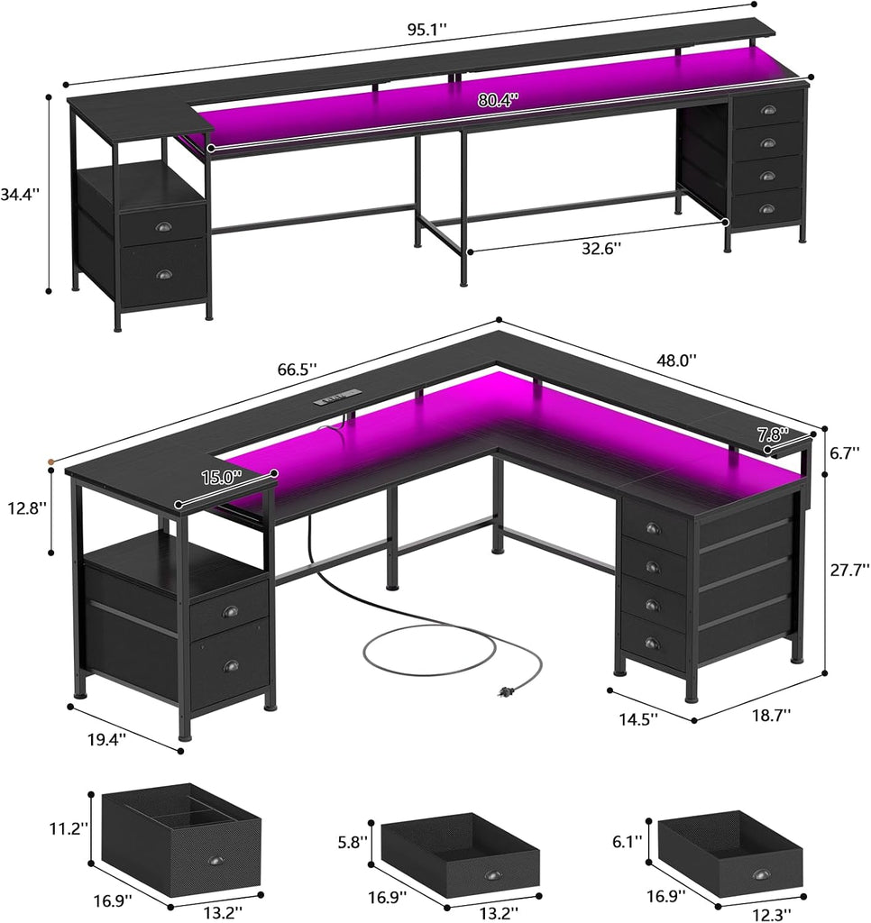 66'' L Shaped Gaming Desk with 6 Drawers, LED, Outlets, Black | Reversible Large Corner Computer Desk with Printer