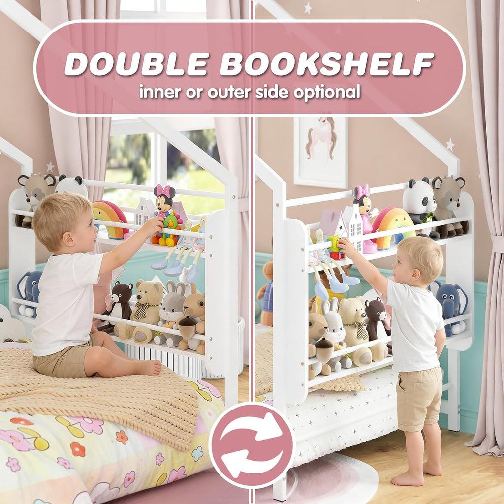 House Shape Montessori House Bed with 2 Tier Wood Bookshelf