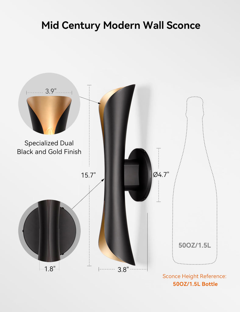 Wall Sconce, Modern Dimmable Hardwired Wall Light Black&Gold 15.7"