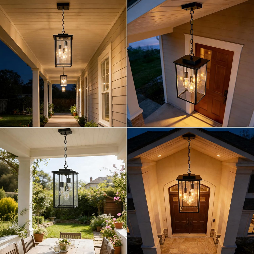 Outdoor Pendant Light Fixture E26 3-Light Modern Black Metal Outside Chandelier Exterior Hanging Fixture Ceiling