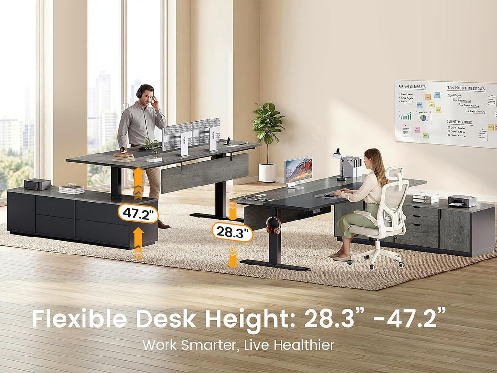 71" Executive Large L Shaped Electric Standing Desk, Grey | Height Adjustable Executive Desk with 3 Drawers and
