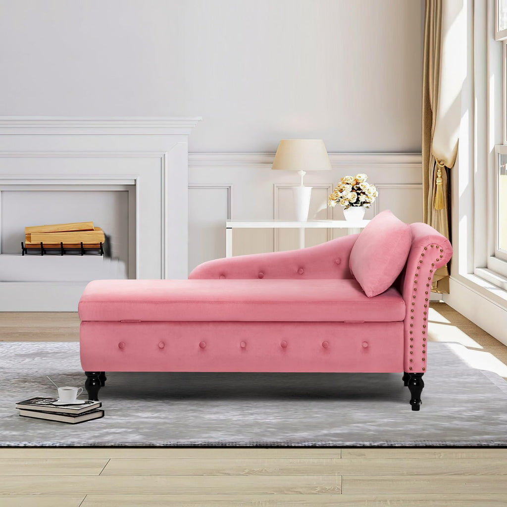 Velvet Chaise Lounge w/Right Armrest & Storage Space, Pink