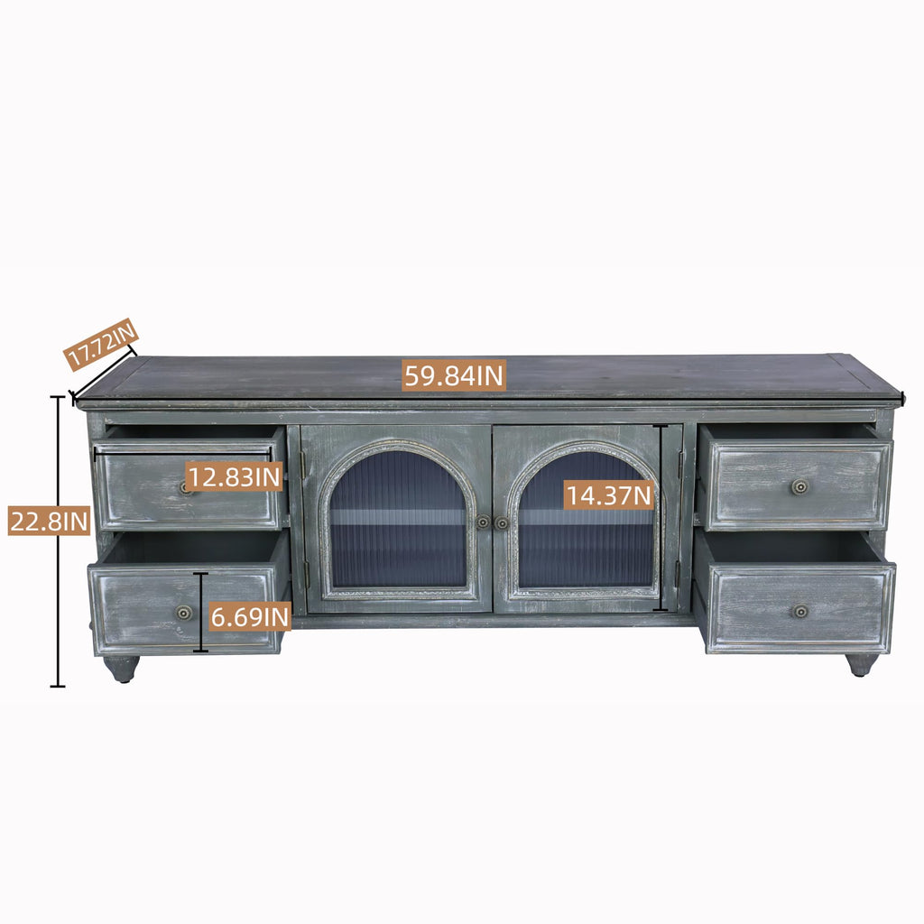 60" Solid Wood TV Stand, Media Console with Glass Doors & Drawers