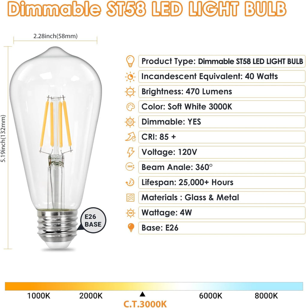 Vintage LED Edison Bulbs, ST58 Dimmable 4W E26 Bulb, Pack of 12