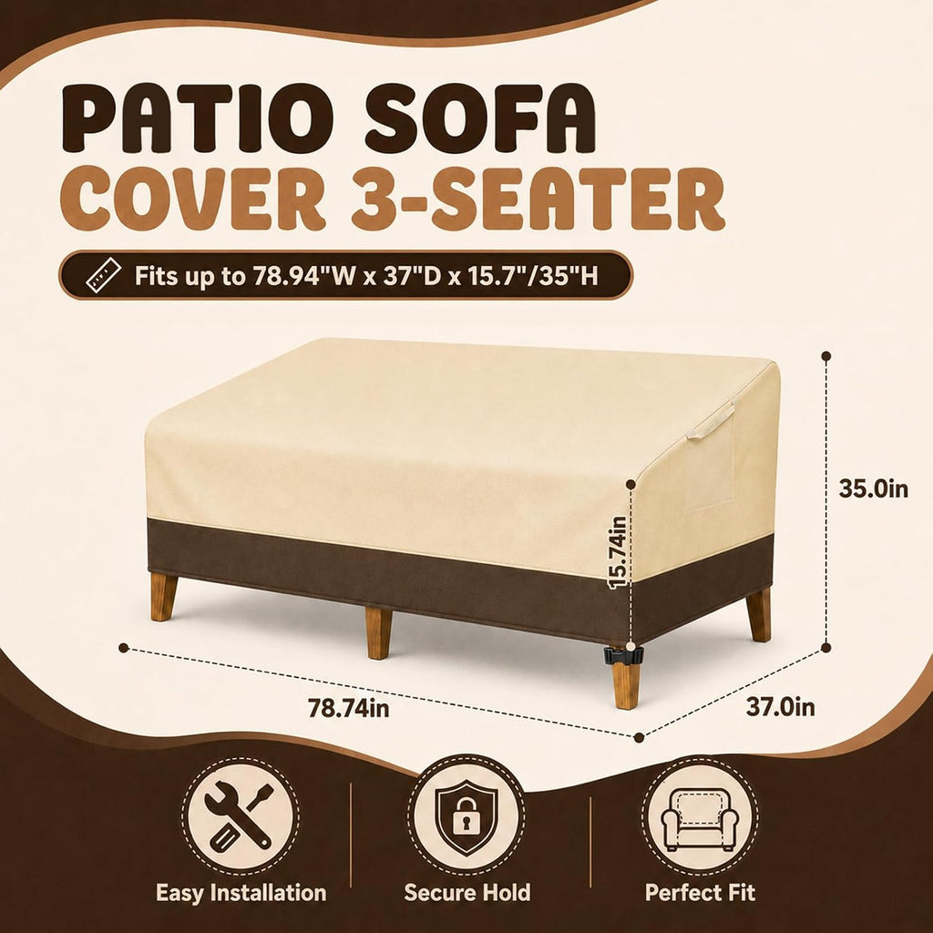 Waterproof Outdoor Sofa Cover for 3-Seater Patio Couch, Heavy Duty Lawn Furniture Cover with Air Vent and Handles