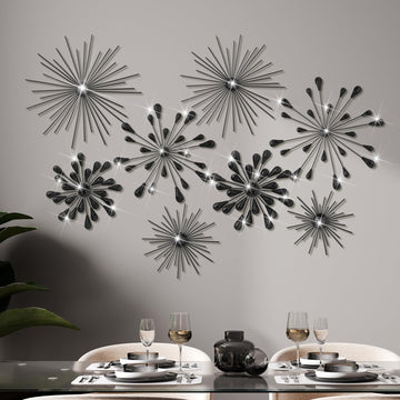 8 Pcs Metal Starburst Wall Art, 3D Crystal Teardrop Rhinestone Wall Sculptures, Modern Mid Century Hanging Accents