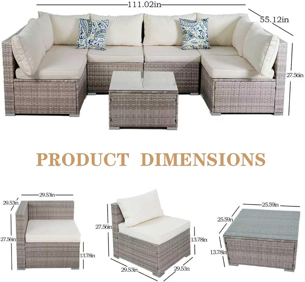 7 Piece Outdoor Patio Sectional Sofa Set, All-Weather Wicker Patio Furniture Set, with Tempered Glass Table and