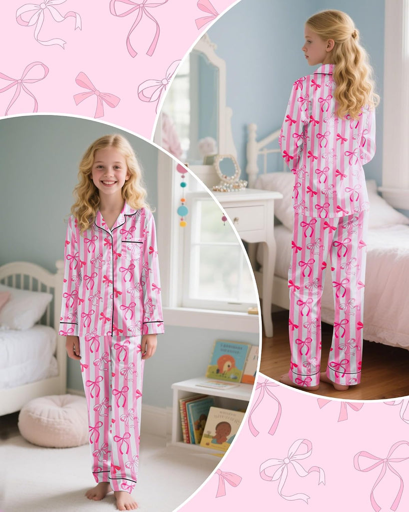 Girls Pajamas Satin Pajama Set Silky Bow Pjs Long Sleeve Button Down Sleepwear Loungewear Sets for Big Kids