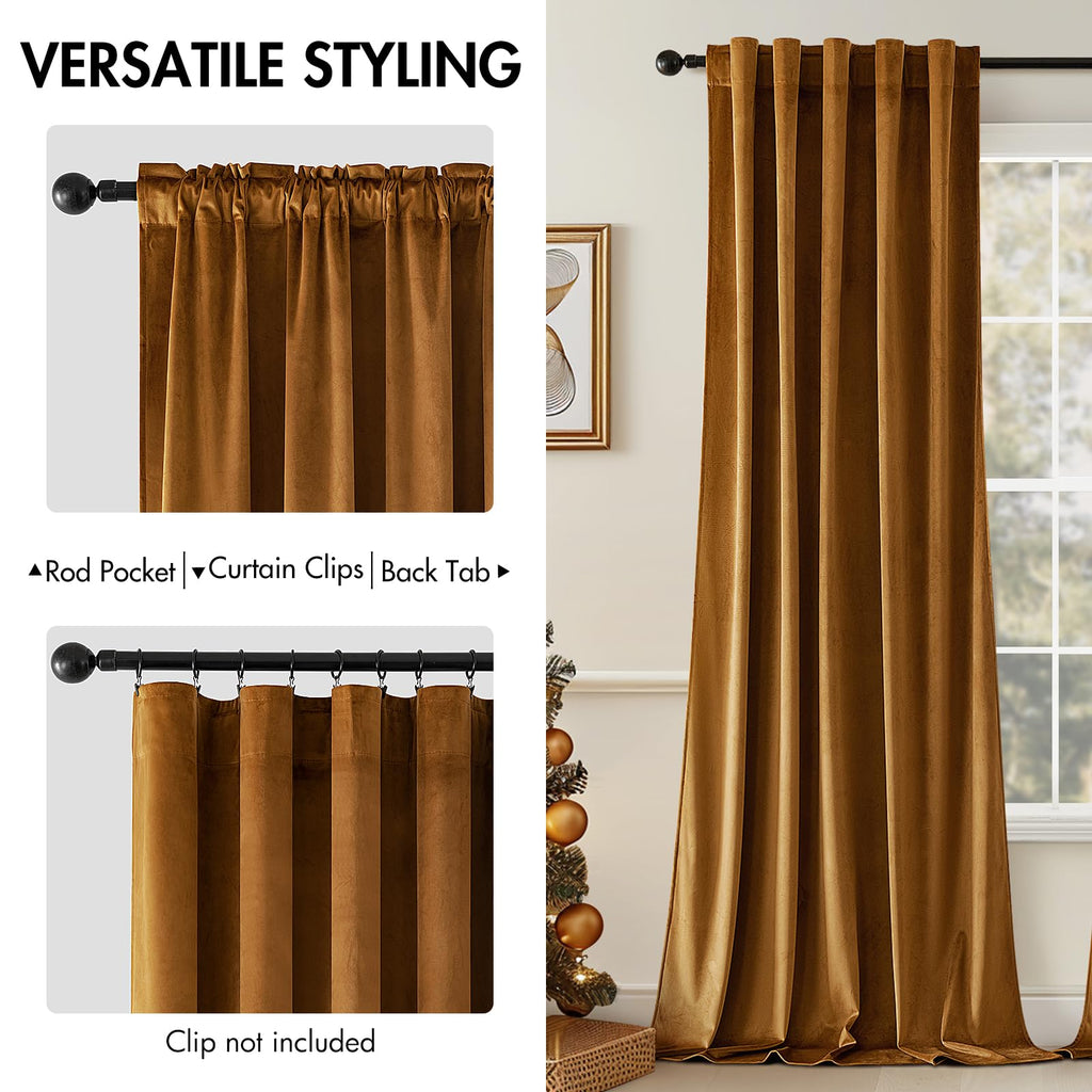 Velvet Curtains 52x108 inches 2 Panels Gold Brown Blackout Curtains