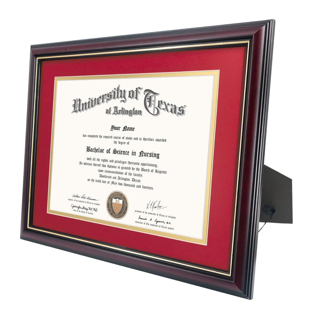 8.5x11 Diploma Frame with Red over Gold Mat or Display 11x14 Certificate without Mat, Solid Wood & Tempered