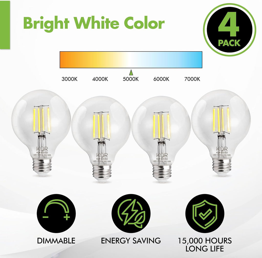 G25 LED Globe Light Bulbs, 40W Equivalent, 5000K, Dimmable, 4-Pack