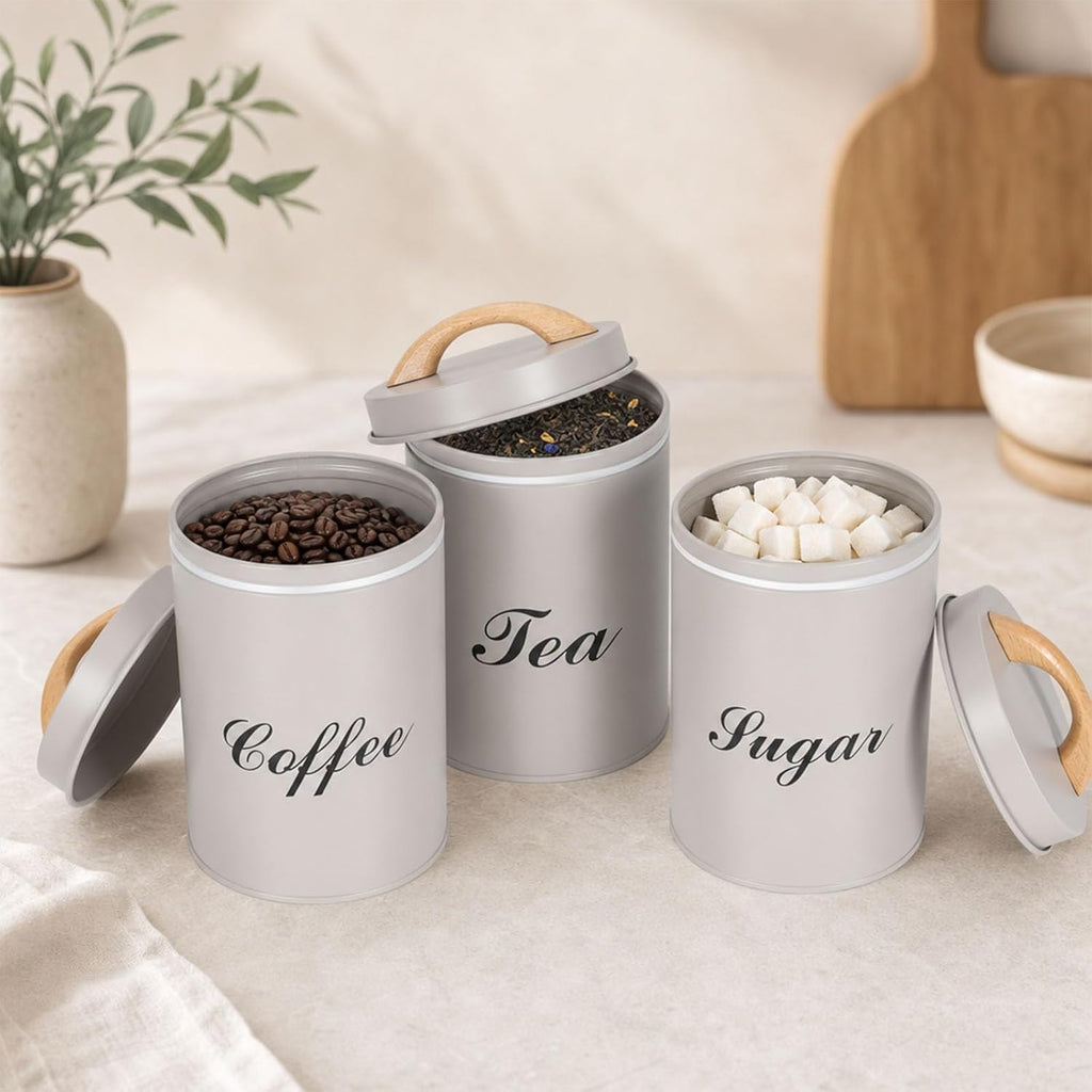 Coffee Sugar Tea Canister Set, 3 Pack Metal Kitchen Containers with Airtight Lids and Wood Handle, Labeled Food - Set of 3