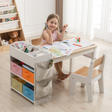 Kids Art Table and Chair Set with 2 Chair & Bins, 40" L x 20" W, Natural