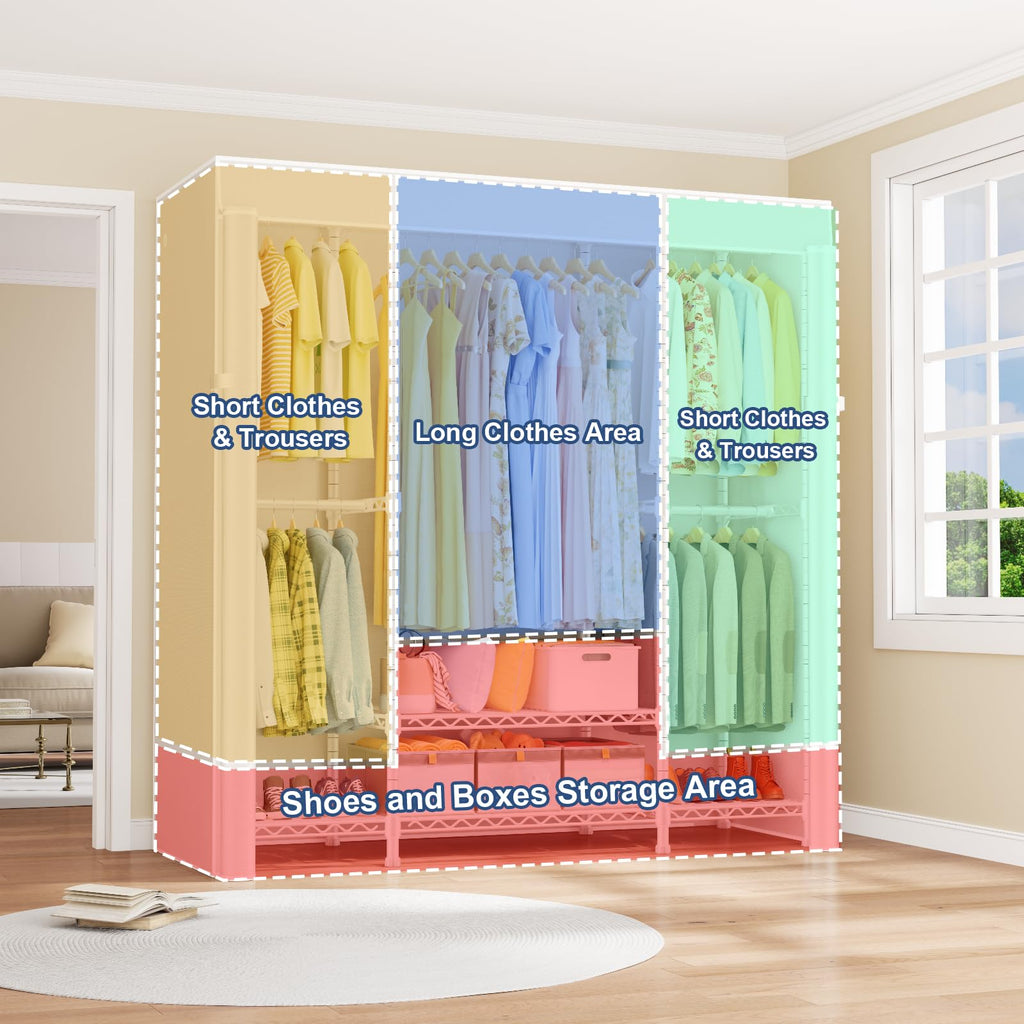 E3C White Clothes Rack with Beige Cover, Heavy Duty Garment Rack