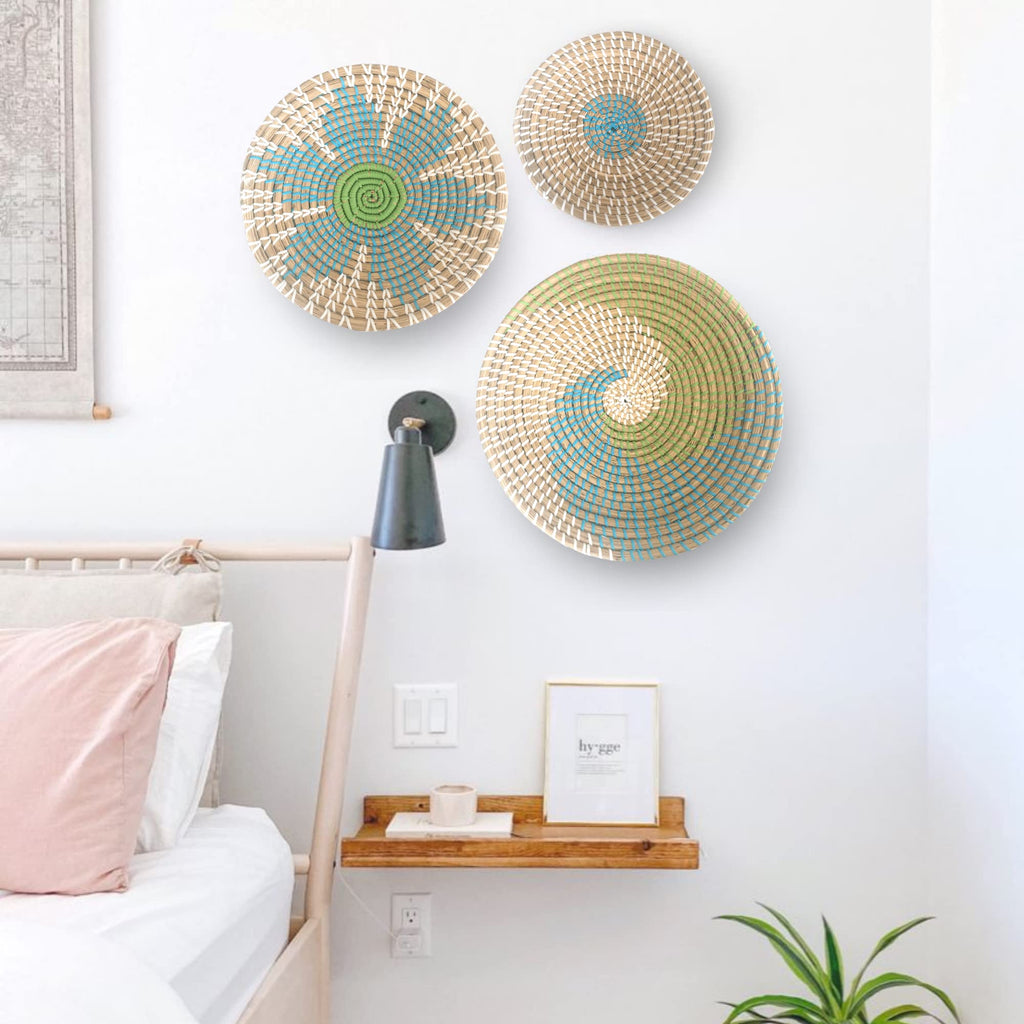 Wall Basket Decor - Wicker Coastal Baskets Hanging Woven Boho Beach Rattan Seagrass Set of 3 Beige Teal Blue and
