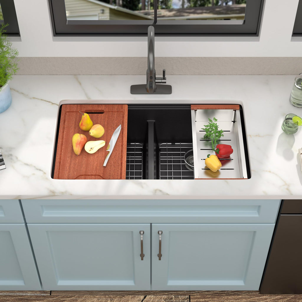 33"x19" Granite Composite Kitchen Sink Double Bowl 50/50 Split