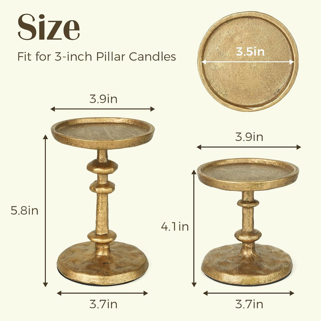 Gold Cast Iron Pillar Candle Holders Set of 2 Farmhouse Candlesticks | Fireplace Mantel, Dinning Table Centerpieces
