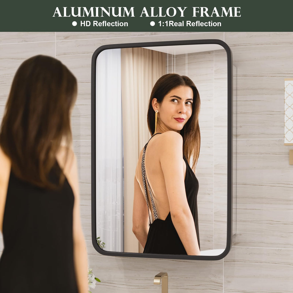 WallByond Bathroom Medicine Cabinet with Mirror, 16x24 Inch Black Recessed Medicine Cabinet with Round Corner