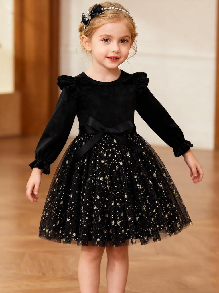Toddler Girls Tutu Dresses Velvet Tulle Dress with Sequin Long Sleeve Holiday Party Fall Winter Dress