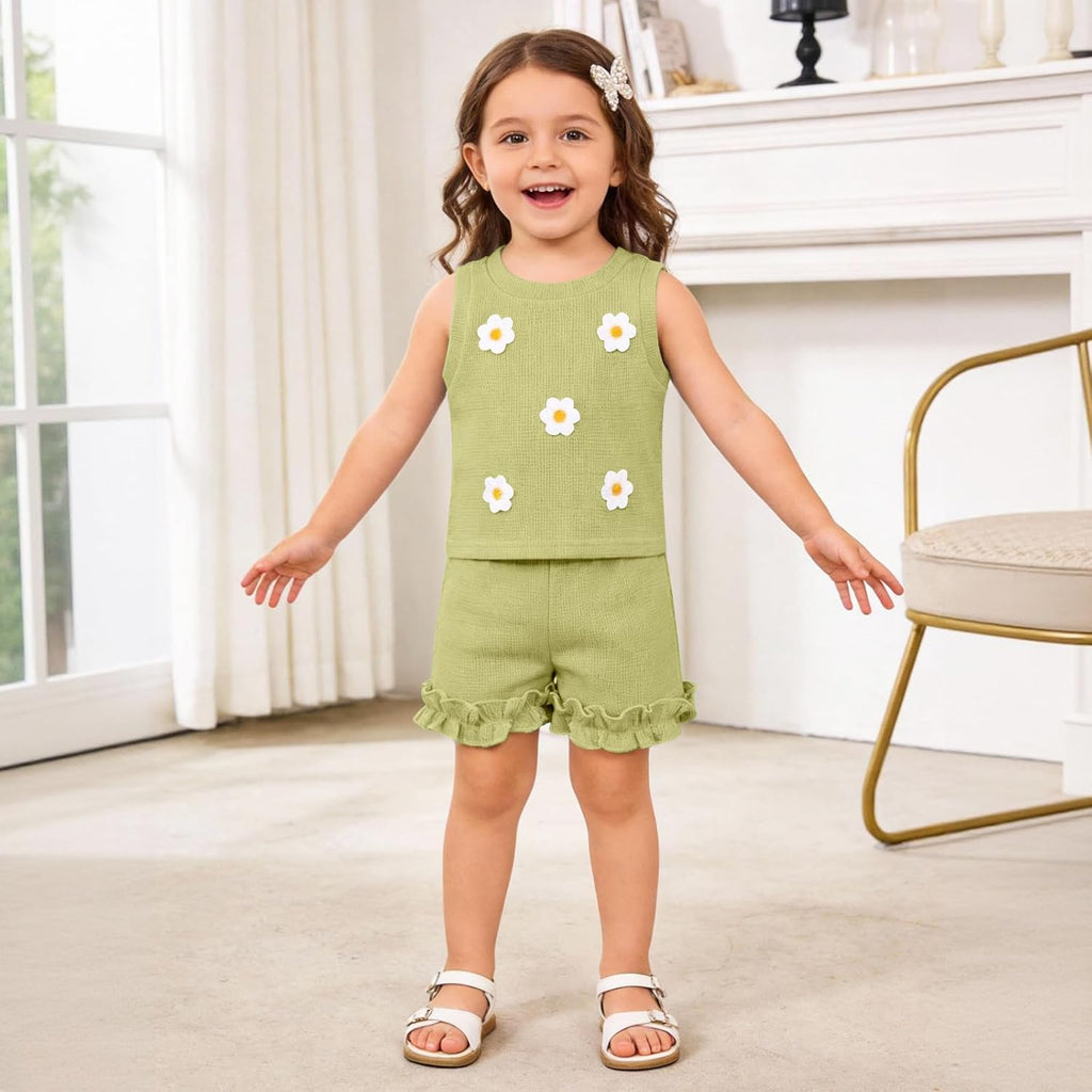 Toddler Baby Girl Outfits Floral Summer Clothes Waffle Sleeveless Tops Ruffle Shorts Cute Infant Spring Clothes Set