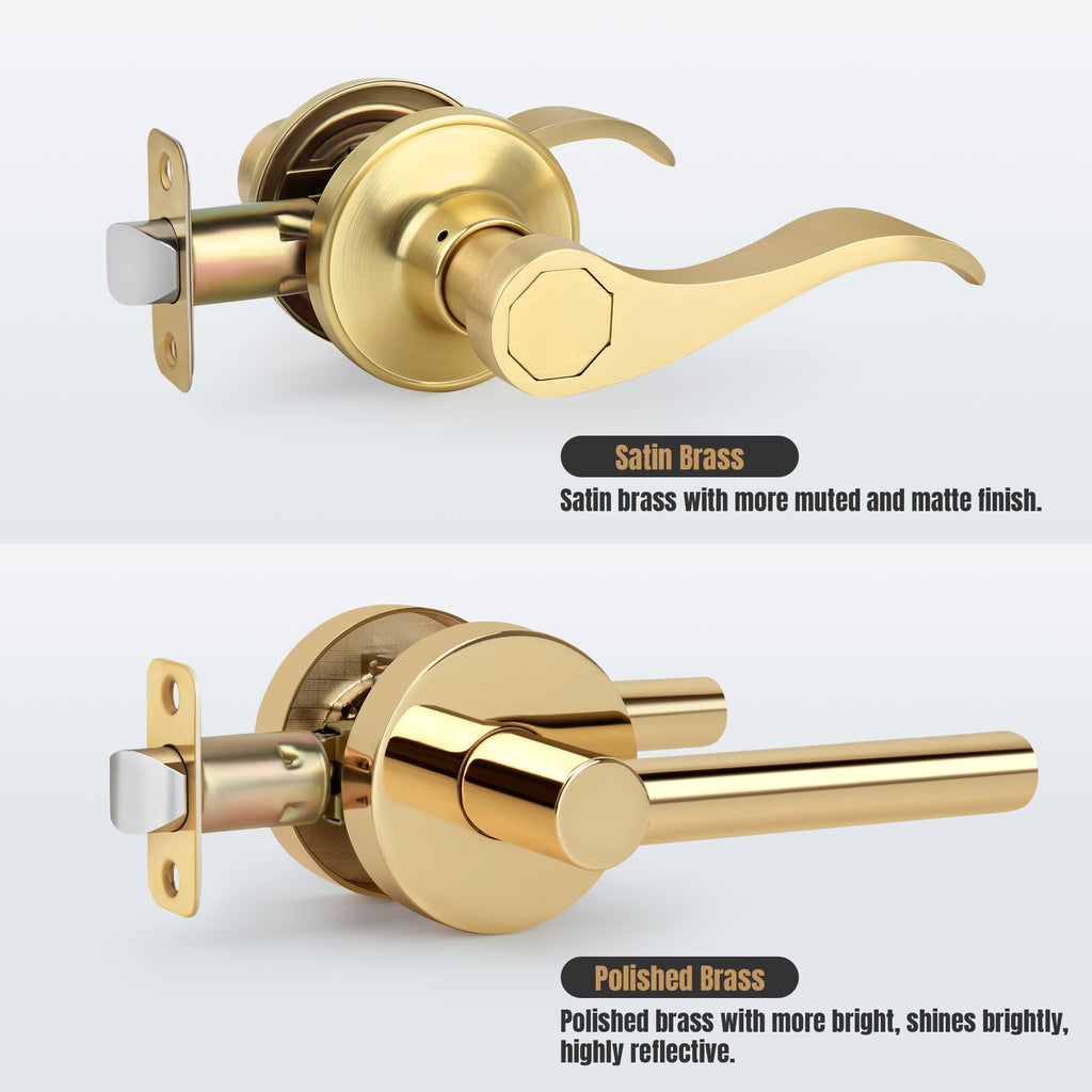 Brushed Gold Wave Style Passage Door Handle Without Keys, Non-Locking Door Lever /Closet in Satin Brass Finish, No