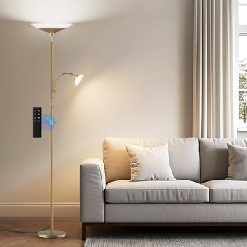Gold Torchiere Floor Lamp - 2 Way LED Standing Lamp with Reading Light, Dimmable 72'' Tall Lamp with Remote Color