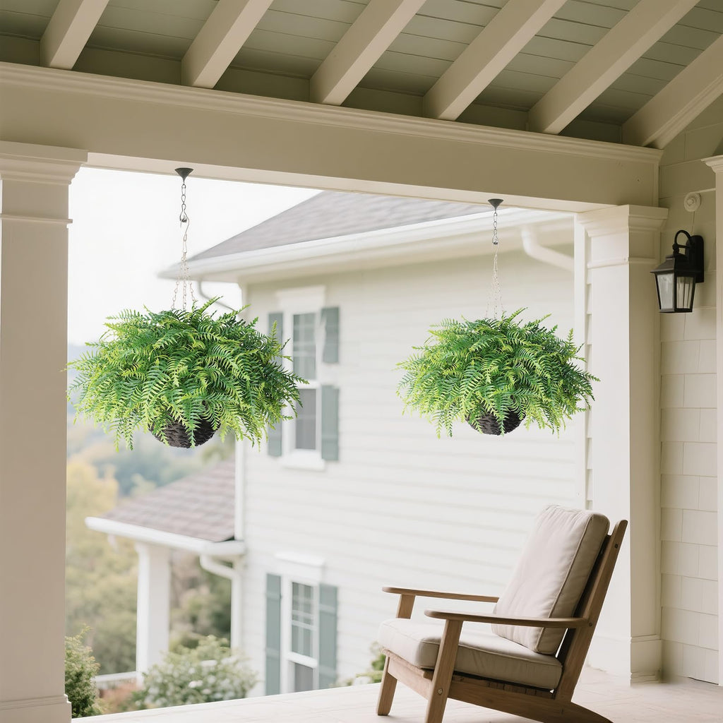 2 Sets Artificial Ferns Plant Hanging Basket for Front Porch Decor(Green)