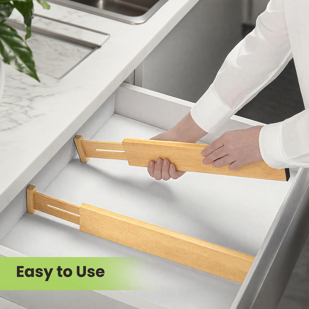Drawer Organizer, Spring-Loaded Expandable Bamboo Dividers 8-Pack