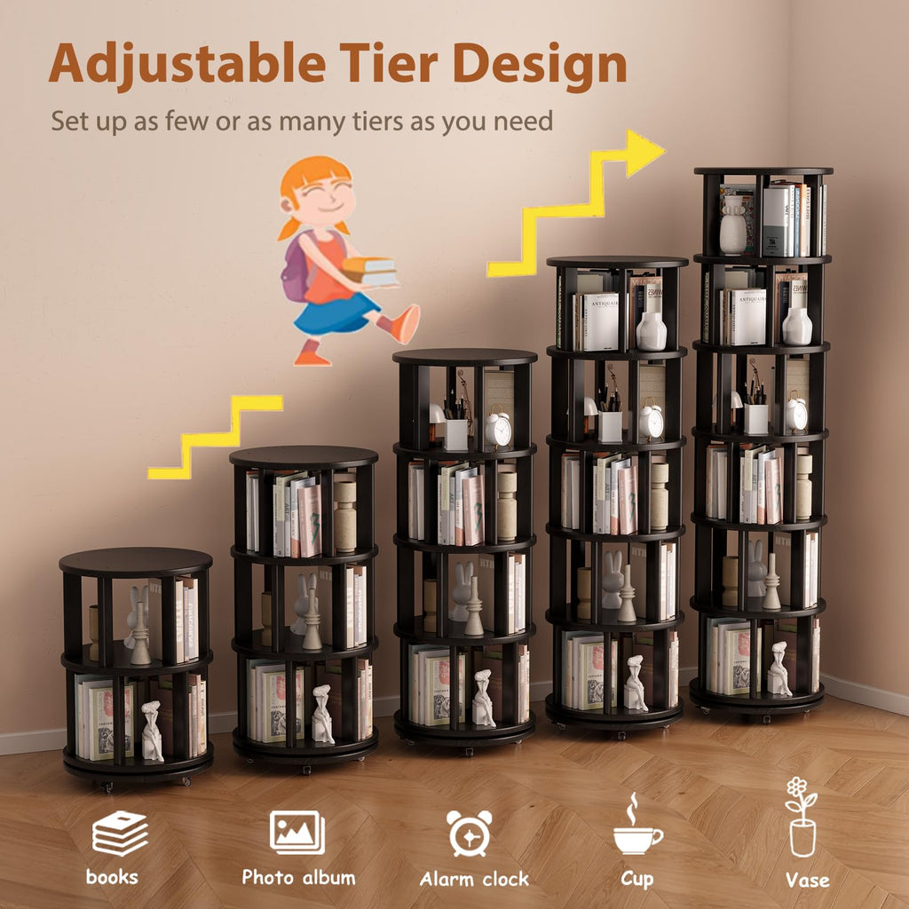 6 Tier Solid Wood Rotating Bookshelf Tower on Wheels, Black