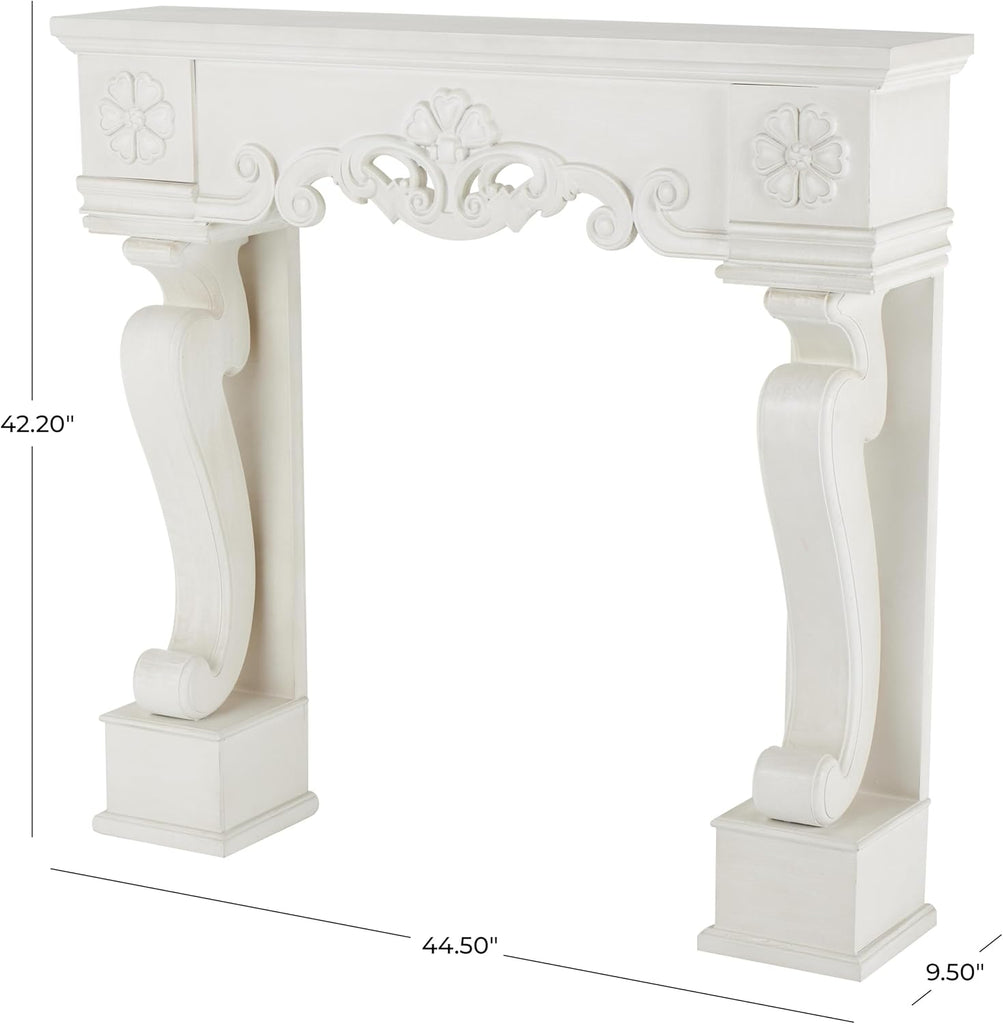 Wooden Scroll Fireplace Mantle Freestanding with Floral Accents, 45" 10" 42", White