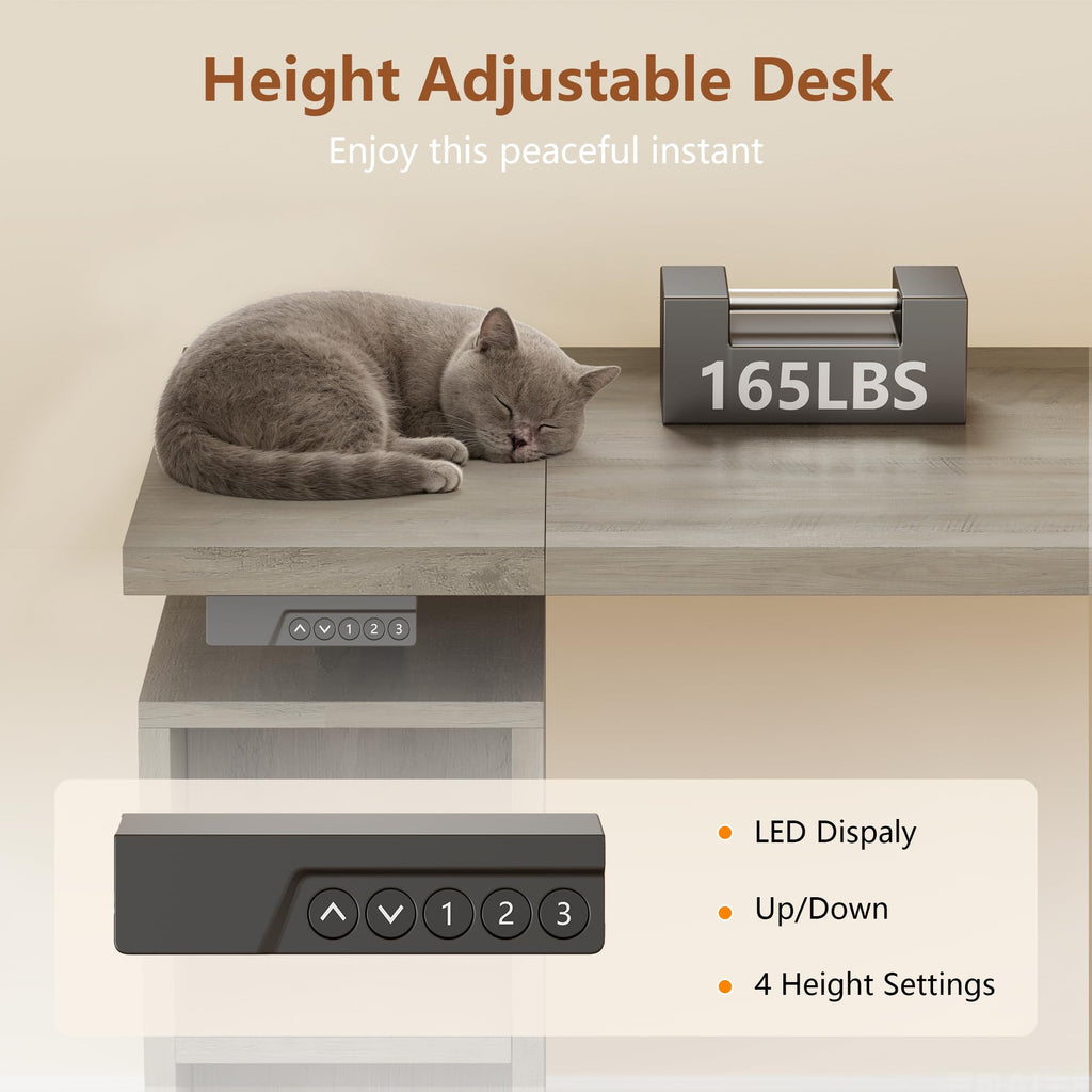 71" LED L Shaped Standing Desk with Hutch and Drawers Grey