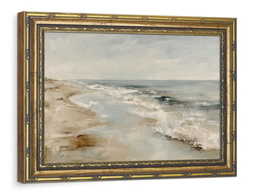 Large Vintage Gold Framed Coastal Wall Art, Neutral Seascape Canvas Prints, Serene Ocean Beach Landscape Painting
