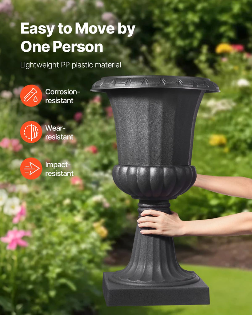 Plastic Urn Planters, 15.8 x 26.4 Inch, 2 Pack Black Classic Flower Pots Front Porch Planters, Indoor & Outdoor Vase