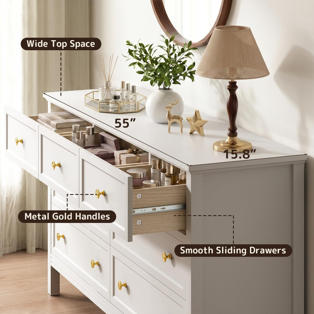 55" White with 7 Drawers & Modern Gold Handle