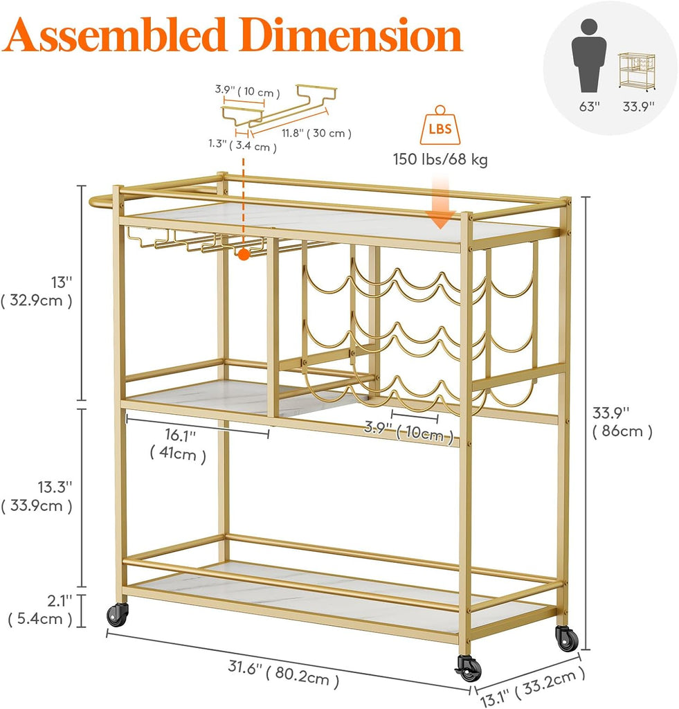 3 Tier Rolling Serving Bar Cart with Lockable Wheels, Gold | 12 wine rack and 3 rows glass holders, liquor serving