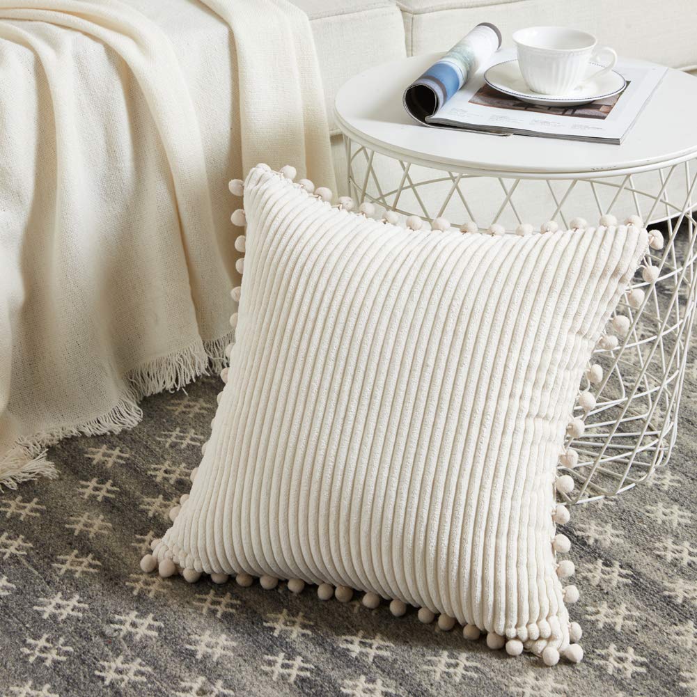 Pack of 2 Boho Decorative Throw Pillow Covers with Pom-poms, Soft Corduroy Accent Solid Square Cushion Case Set for