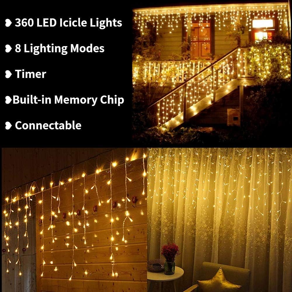Christmas Icicle Lights Outdoor, 360 LED 29.5ft 8 Modes Fairy Icicle String Light with 60 Drops, Led Christmas Lights